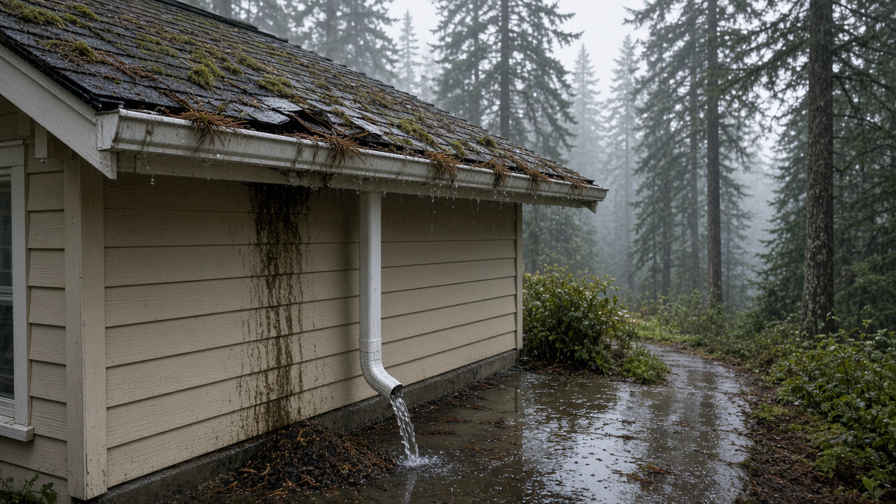 A Nanaimo house the morning after a heavy fall rain, water sheeting over a white gutter packed with cedar and fir needles, green moss lifted along a wet asphalt eave, a dark stain on the siding, mineral granules at a white downspout on wet concrete, Douglas firs in grey Island mist, no people or logos