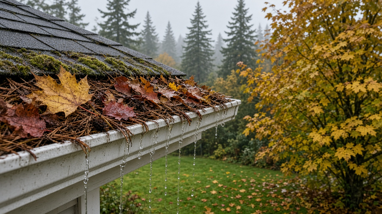 A white gutter on a Nanaimo house in late October, lidded with wet bigleaf maple and red alder leaves over a mat of Douglas fir needles and cedar scales, a thin sheet of water at the lip, green moss on the lower shingles, grey Island light and firs, no people or logos