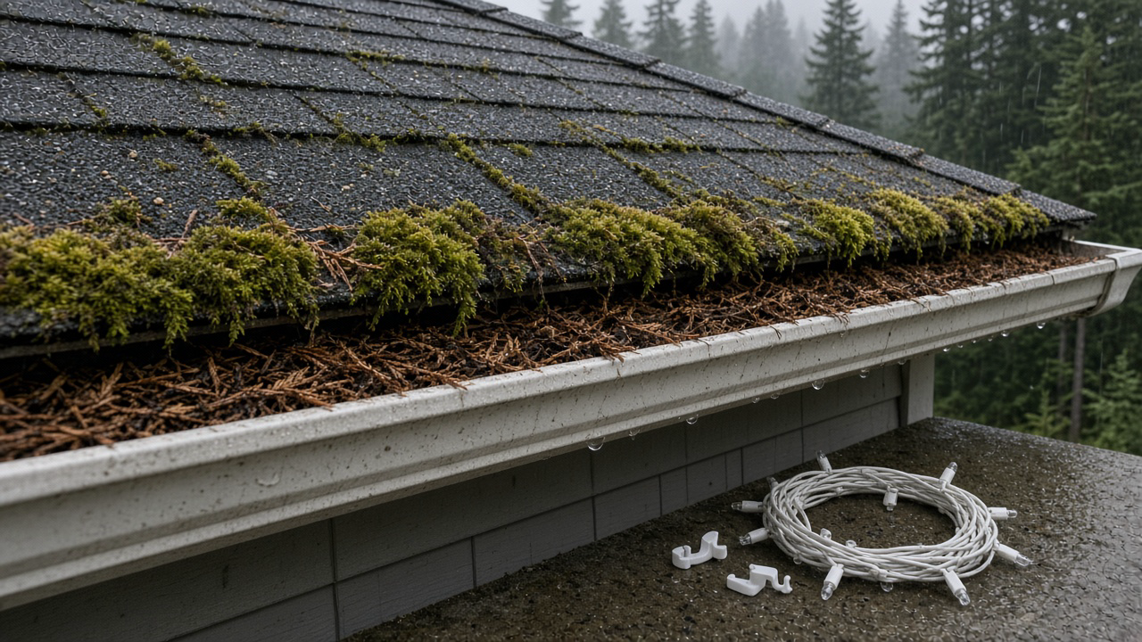 A Nanaimo house eave in late October, thick green moss on wet asphalt shingles, a white gutter packed with cedar scales and Douglas fir needles, a coil of unlit Christmas lights and plain plastic clips on the damp walk, grey Island light and firs, no people or logos
