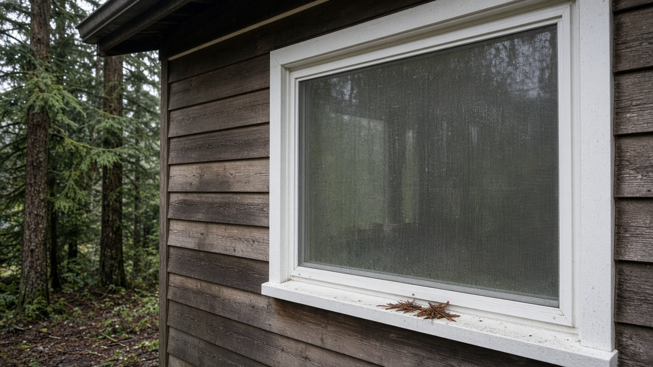 A Nanaimo house window in early November, a grey fiberglass screen in a white frame filmed with cedar dust and a green algae cast, cedar scales on a wet sill, dim glass behind the mesh, Douglas fir and western red cedar in flat Island light, no people or logos