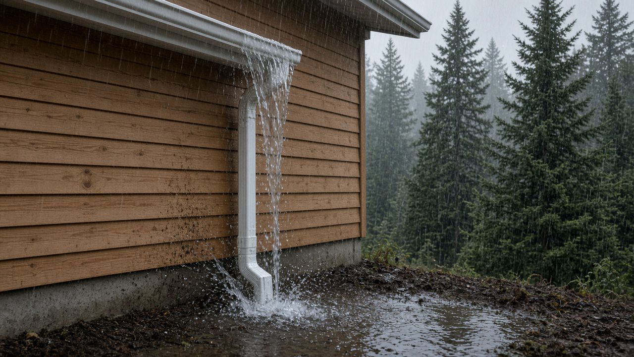 A white gutter and downspout corner on a Nanaimo house in heavy late-October rain, water sheeting over the eave onto wet concrete, Douglas firs behind in the mist, no people or logos