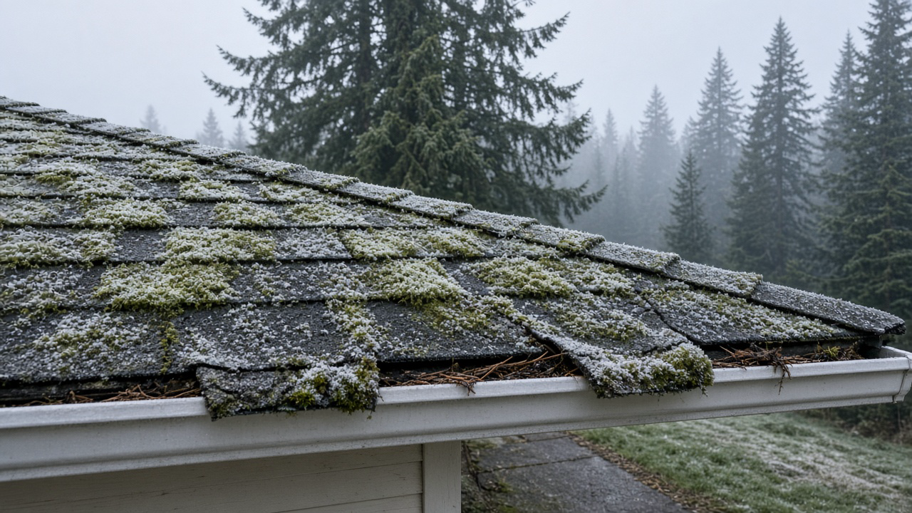 A Nanaimo house roof at the first frost of late October, green moss on asphalt shingles rimed with white frost, lifted shingle tabs at the eave, a white gutter, Douglas firs in grey Island mist, frost on the walk, no people or logos