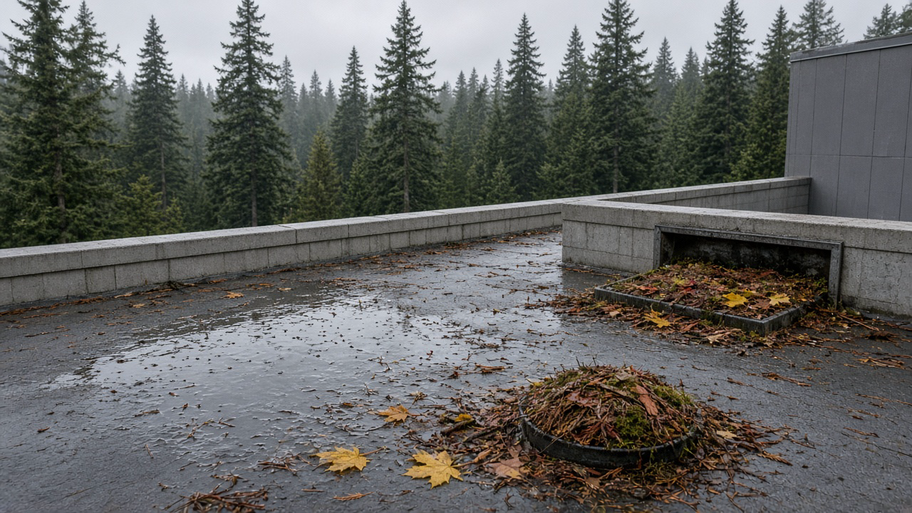 A low-slope commercial membrane roof in Nanaimo in late October, a parapet scupper and round roof drain packed with Douglas fir needles, cedar scales, maple leaves and green moss, shallow ponding on the membrane, grey Island light and firs beyond the parapet, no people or logos