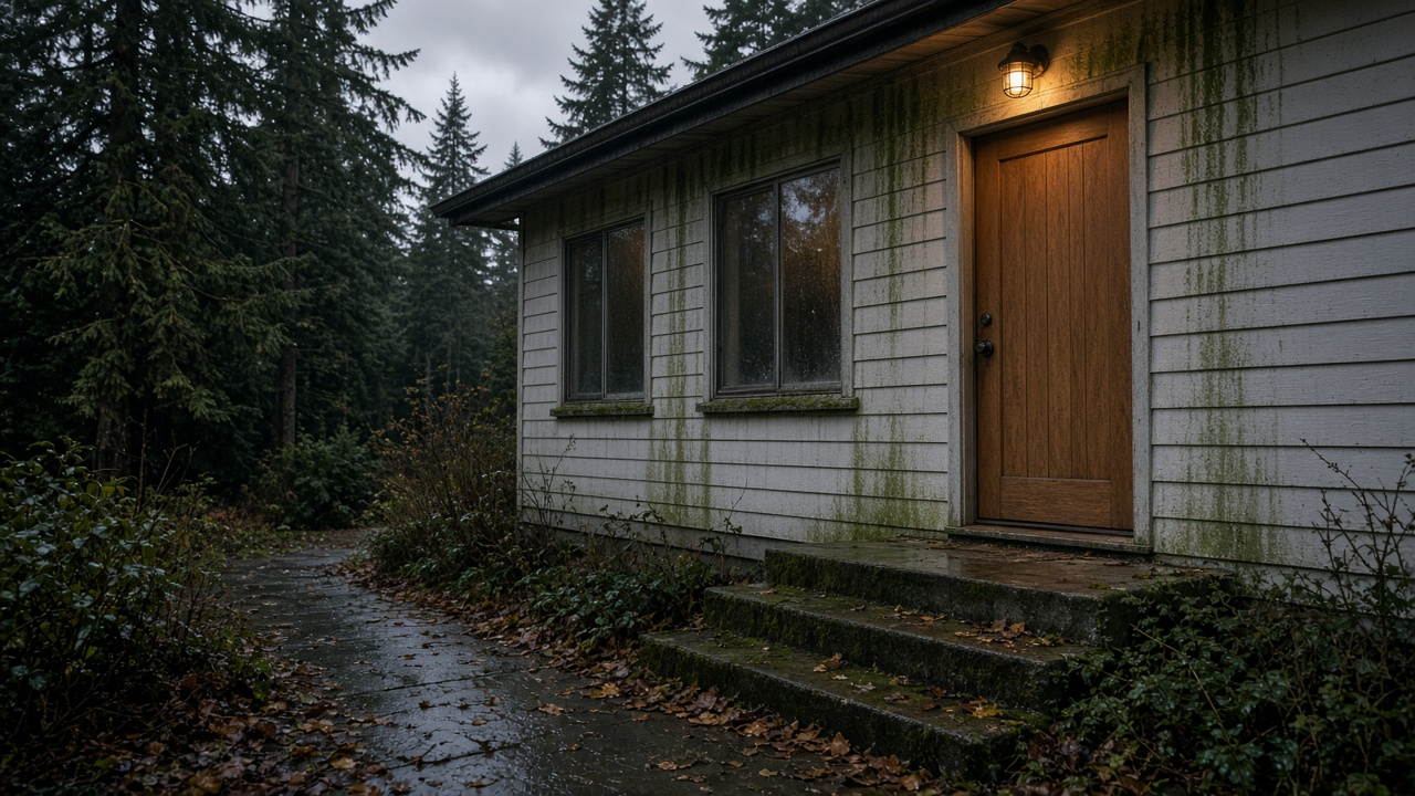 A Nanaimo house front entry at dusk in late October, wet concrete walk and mossy entry steps with a dark algae film, green streaks on light siding beside a wood door, grimy front windows, a porch light on under Douglas firs, no people or logos