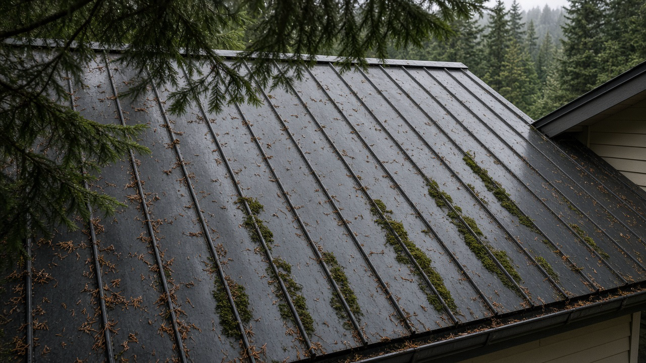 Standing-seam metal roof on a Nanaimo home in fall, moss and dark algae streaks along lower seams under overhanging Douglas fir branches, scattered needles, damp overcast light, no people or logos