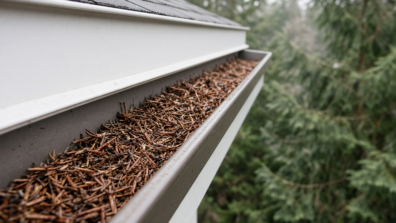 Close view of a Nanaimo home eavestrough packed with brown cedar and Douglas fir needles under soft mid-October Island overcast, clean fascia edge, no people or logos