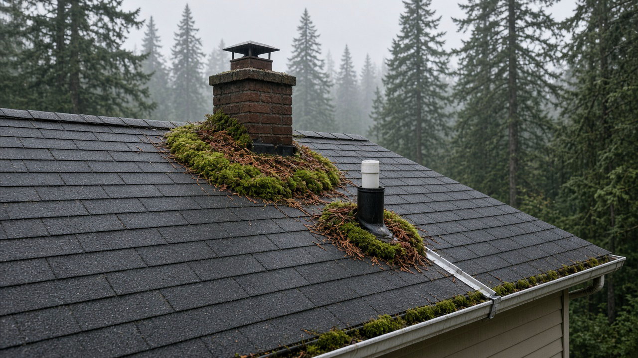 A Nanaimo house roof in late October rain, green moss and cedar scales packed against brick chimney flashing, a moss ring around a white plumbing vent boot, and moss along a roof-to-wall joint above a white gutter, Douglas fir and western red cedar in grey Island mist, no people or logos