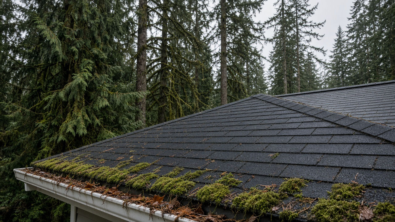 The north-facing slope of a Nanaimo house under Douglas fir and western red cedar in late October, green moss on the shaded wet asphalt shingles, cedar needles and leaves in the gutter, grey Island light, no people or logos