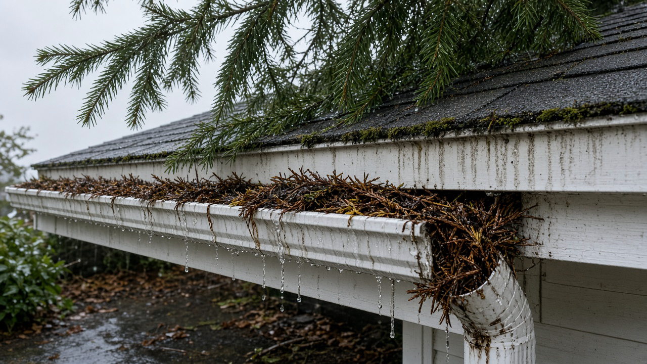 A Nanaimo house eave in early November rain, a white gutter packed with wet Douglas fir needles and cedar scales, needles wedged in the downspout elbow, water dripping over the lip onto stained fascia, moss along wet asphalt shingles, fir branches overhead, no people or logos