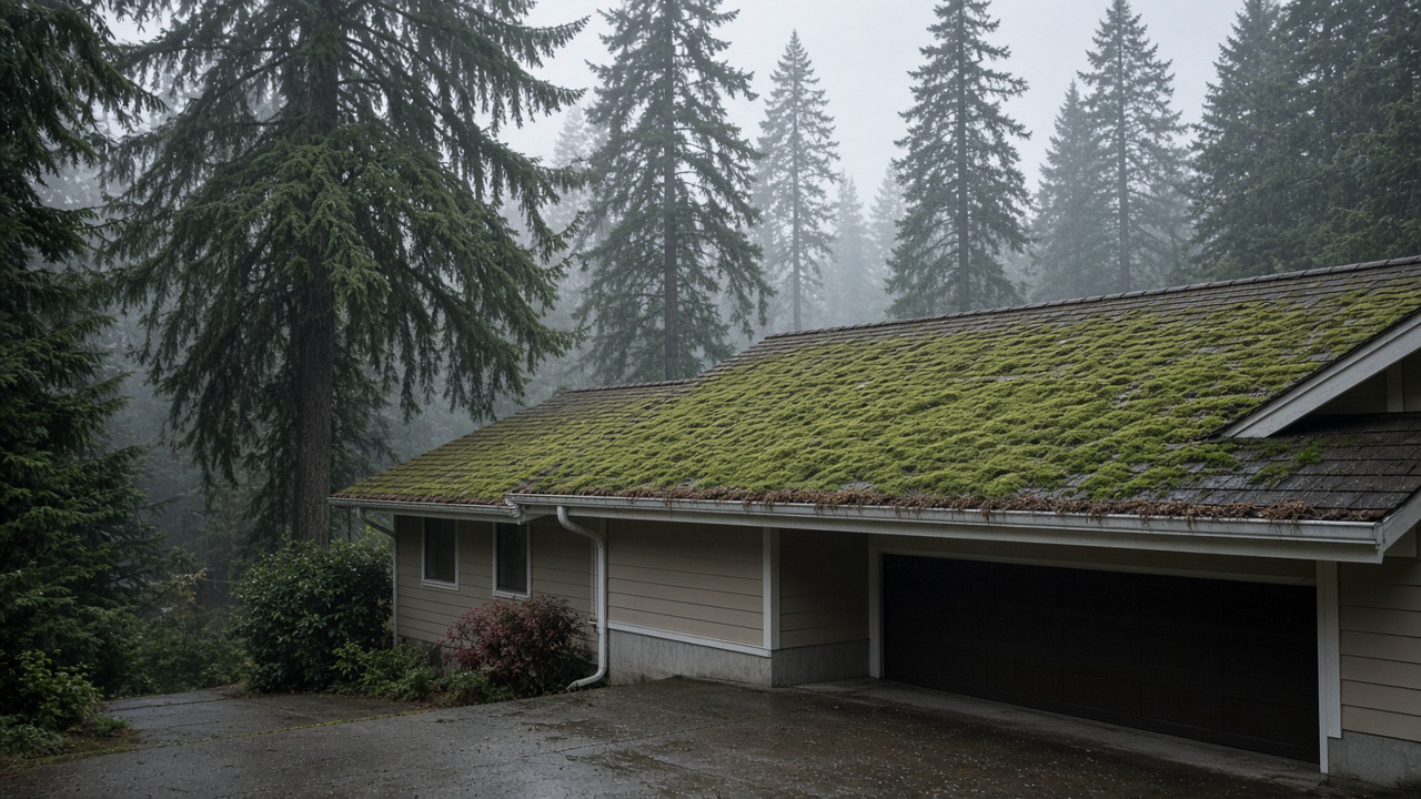A Nanaimo house in late October rain, green moss thickened and holding water on a shaded asphalt roof, wet shingles, a white gutter with cedar needles, Douglas fir and western red cedar in grey Island mist, a damp driveway, no people or logos