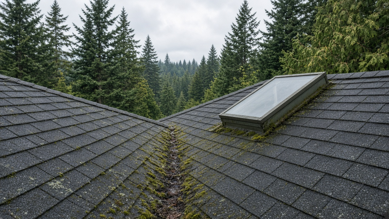 Close view of a damp asphalt-shingle roof valley and skylight curb on a Nanaimo home, with moss, lichen and cedar needles collecting in the valley trough before wet season