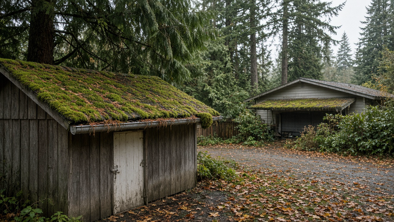 A moss-covered asphalt garden shed and a low metal carport under Douglas fir and western red cedar on a damp Vancouver Island property in fall, cedar needles along the eaves, overcast light, no people or logos