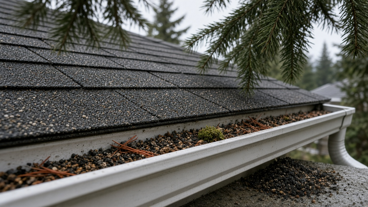 Close view of a damp asphalt-shingle eave and white gutter on a Nanaimo home, coarse mineral granules, cedar needles and a moss clump in the trough, a small granule pile at the downspout on wet concrete, Douglas fir overhead, overcast fall light, no people or logos