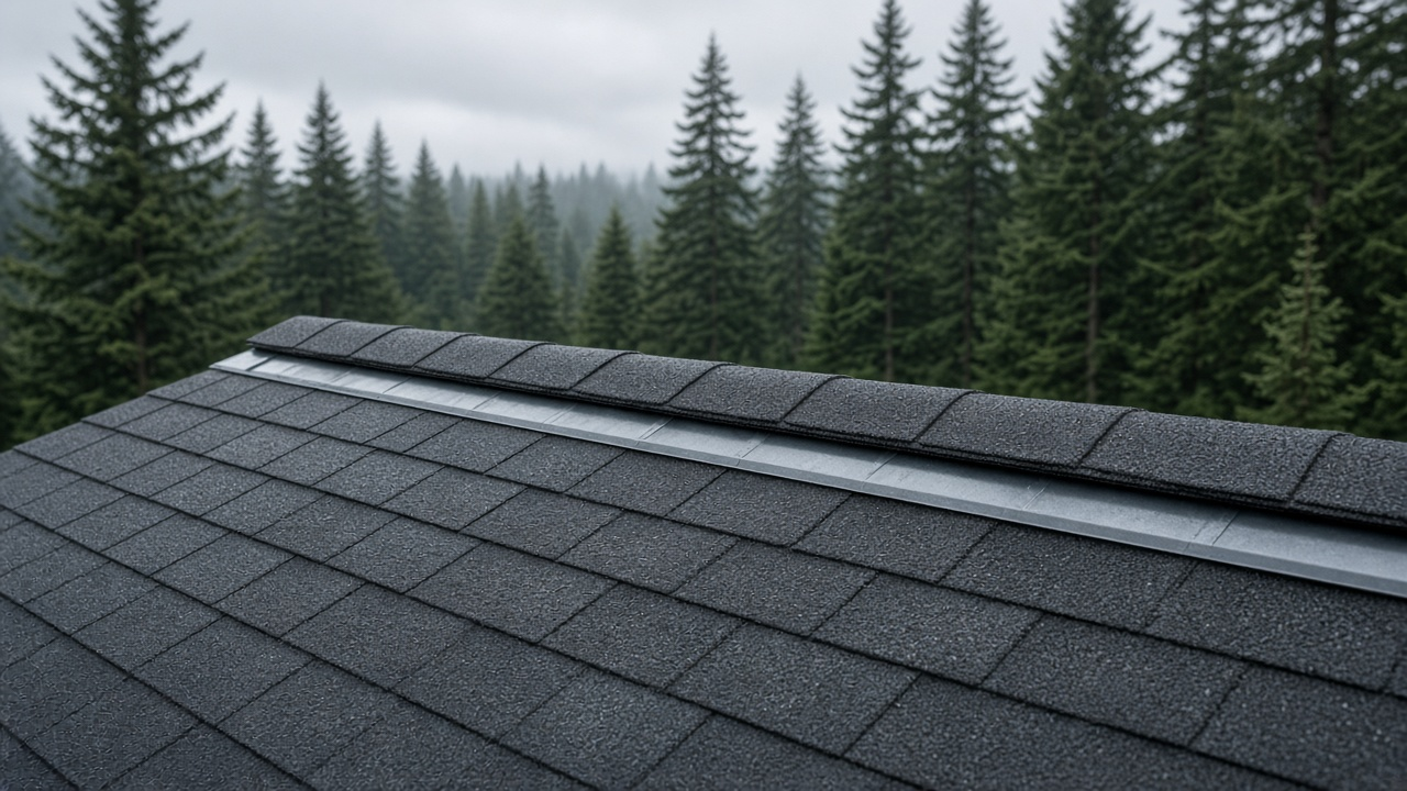 Close view of a clean asphalt-shingle roof ridge on a Nanaimo home with a zinc strip installed along the ridge, wet shingles after rain, soft Island light, Douglas firs in the soft background